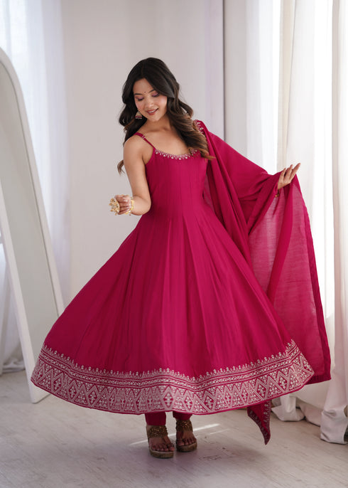 Rani Pink Pure Roman Silk Chanderi Salwar Suit - Detail View | Samyak Fashion