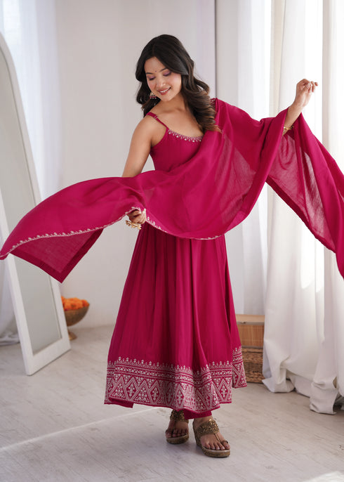 Rani Pink Pure Roman Silk Chanderi Salwar Suit - Full View | Samyak Fashion