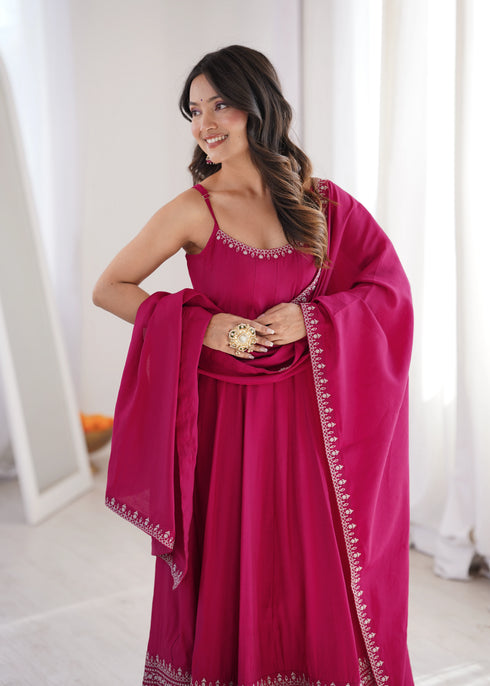 Rani Pink Pure Roman Silk Chanderi Salwar Suit - Styled View | Samyak Fashion
