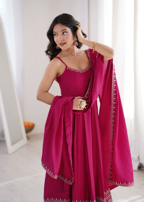 Rani Pink Pure Roman Silk Chanderi Salwar Suit - Front View | Samyak Fashion