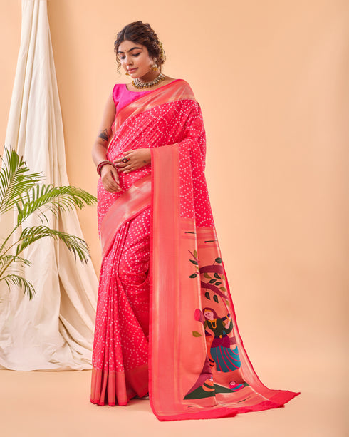 Rani Pink Pure Silk Party Wear Saree With Blouse - Front View | Samyak Fashion