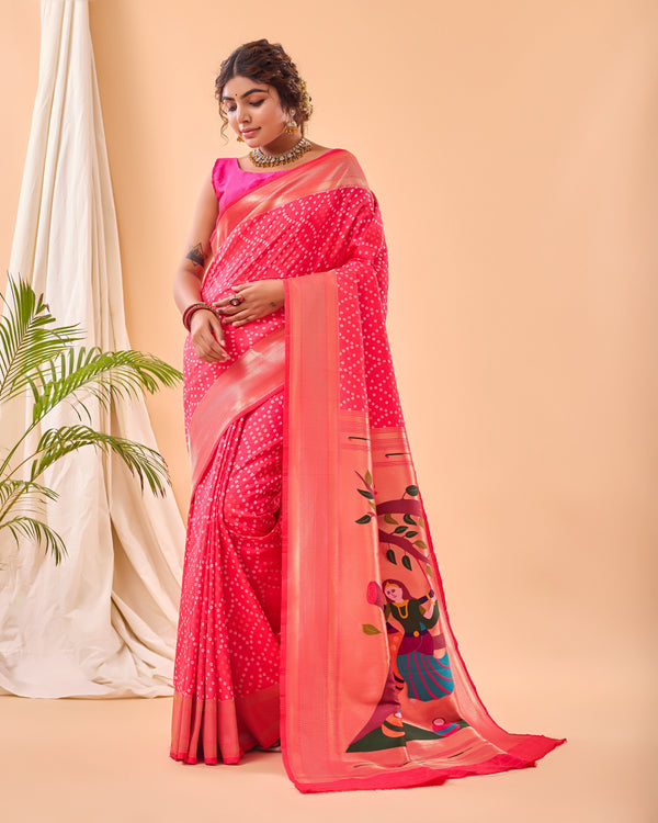 Rani Pink Pure Silk Party Wear Saree With Blouse - Front View | Samyak Fashion