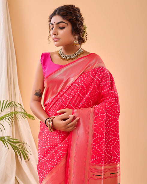 Rani Pink Pure Silk Party Wear Saree With Blouse - Side View | Samyak Fashion