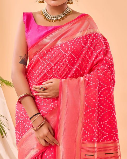 Rani Pink Pure Silk Party Wear Saree With Blouse - Close-up View | Samyak Fashion