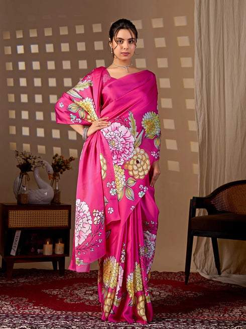 Rani Pink Soft Satin Georgette Saree With Blouse - Back View | Samyak Fashion
