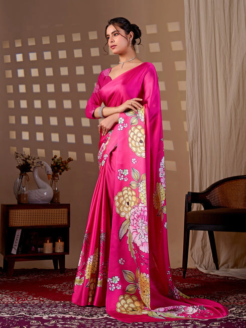 Rani Pink Soft Satin Georgette Saree With Blouse - Side View | Samyak Fashion