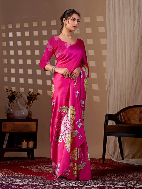 Rani Pink Soft Satin Georgette Saree With Blouse - Detail View | Samyak Fashion