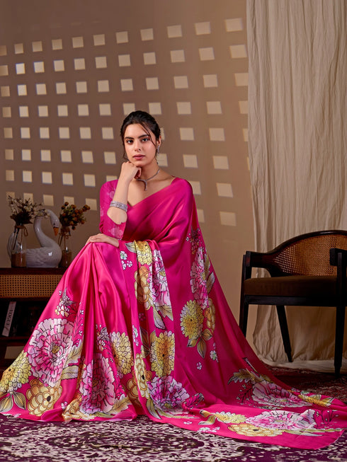 Rani Pink Soft Satin Georgette Saree With Blouse - Close-up View | Samyak Fashion