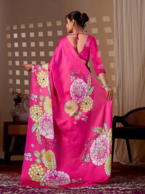 Rani Pink Soft Satin Georgette Saree With Blouse - Full View | Samyak Fashion