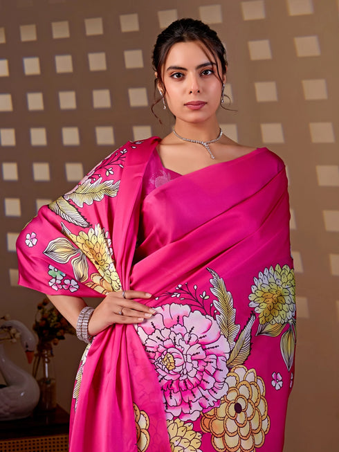 Rani Pink Soft Satin Georgette Saree With Blouse - Styled View | Samyak Fashion