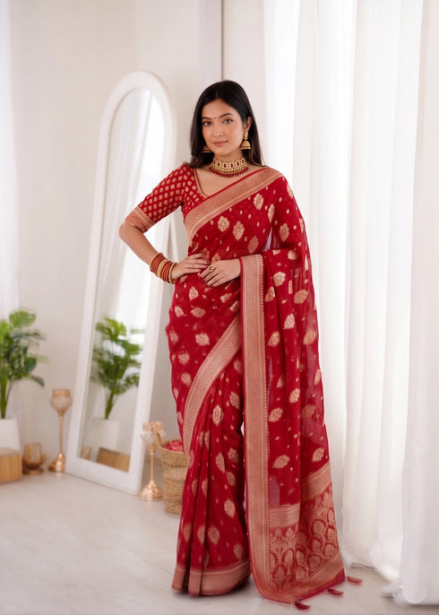 Red Banarasi Soft Silk Party Wear Saree With Blouse - Front View | Samyak Fashion