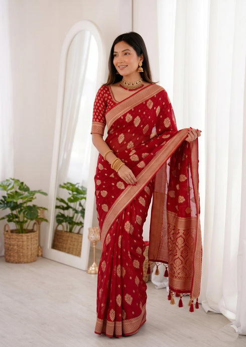 Red Banarasi Soft Silk Party Wear Saree With Blouse - Back View | Samyak Fashion