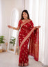 Red Banarasi Soft Silk Party Wear Saree With Blouse - Side View | Samyak Fashion