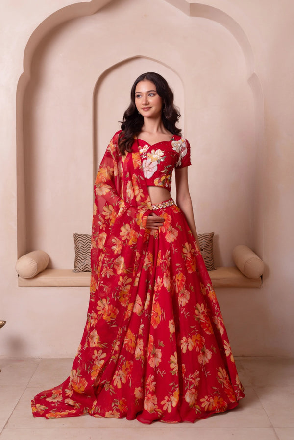 Red Chiffon Arty Lehenga Choli - Front View | Samyak Fashion