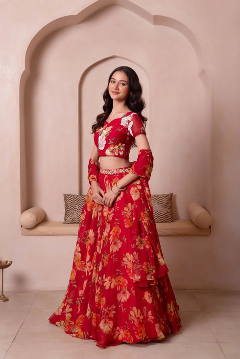 Red Chiffon Arty Lehenga Choli - Back View | Samyak Fashion