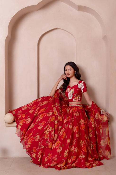 Red Chiffon Arty Lehenga Choli - Side View | Samyak Fashion