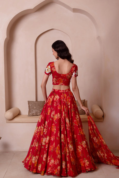 Red Chiffon Arty Lehenga Choli - Detail View | Samyak Fashion