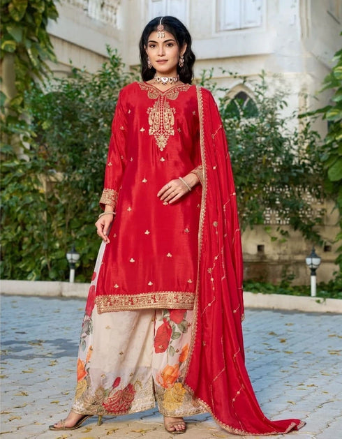 Red Chinon Plazzo Suit With Dupatta - Front View | Samyak Fashion