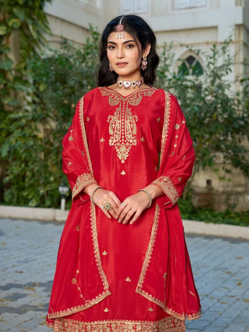 Red Chinon Plazzo Suit With Dupatta - Back View | Samyak Fashion