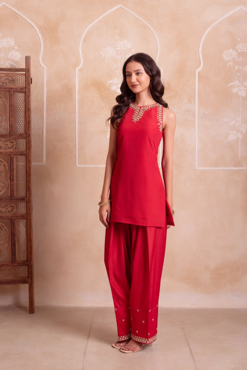 Red Crepe Salwar Suit - Detail View | Samyak Fashion