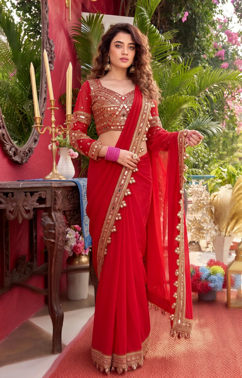 Red Faux Georgette Elegant Party Wear Saree Collection With Blouse - Front View | Samyak Fashion