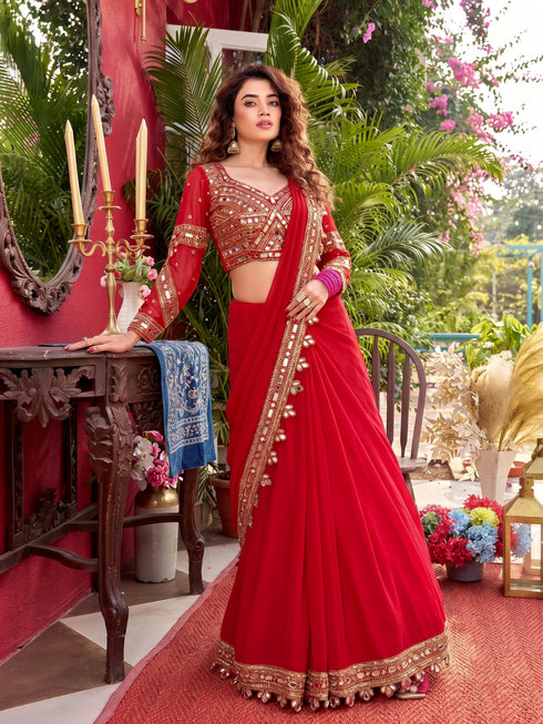 Red Faux Georgette Elegant Party Wear Saree Collection With Blouse - Back View | Samyak Fashion