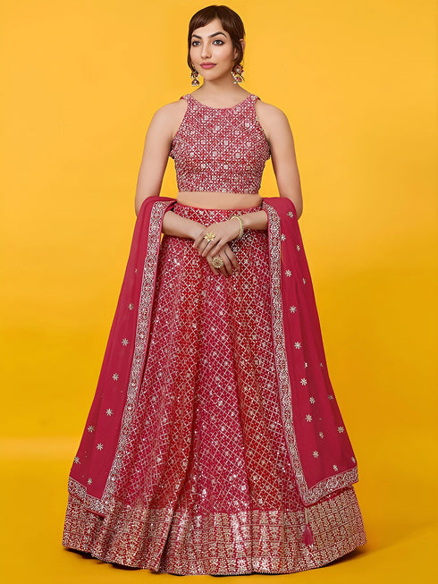 Red Georgette Lehenga Choli - Front View | Samyak Fashion