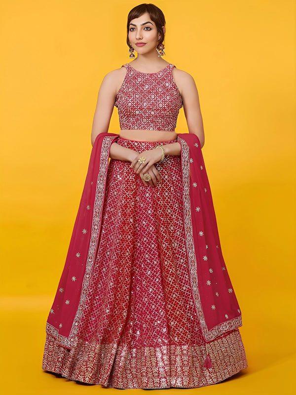Red Georgette Lehenga Choli - Front View | Samyak Fashion