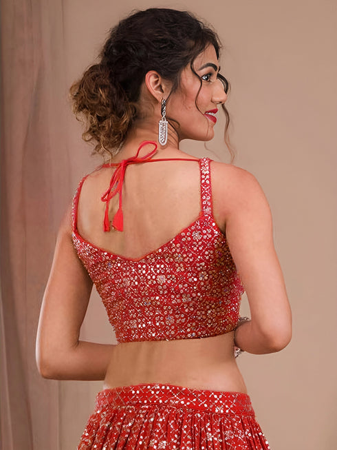 Red Georgette Lehenga Choli - Back View | Samyak Fashion