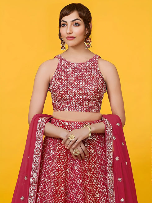 Red Georgette Lehenga Choli - Side View | Samyak Fashion