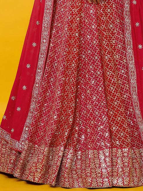 Red Georgette Lehenga Choli - Detail View | Samyak Fashion