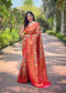 Red Kanchipattu Silk Party Wear Saree With Blouse - Front View | Samyak Fashion