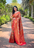Red Kanchipattu Silk Party Wear Saree With Blouse - Front View | Samyak Fashion
