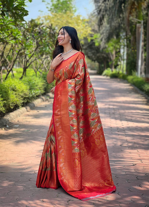 Red Kanchipattu Silk Party Wear Saree With Blouse - Back View | Samyak Fashion