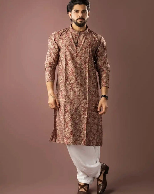 Red Modal Silk Mens Kurta With Payjama - Front View | Samyak Fashion