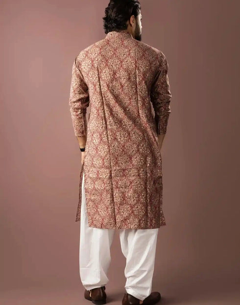 Red Modal Silk Mens Kurta With Payjama - Back View | Samyak Fashion