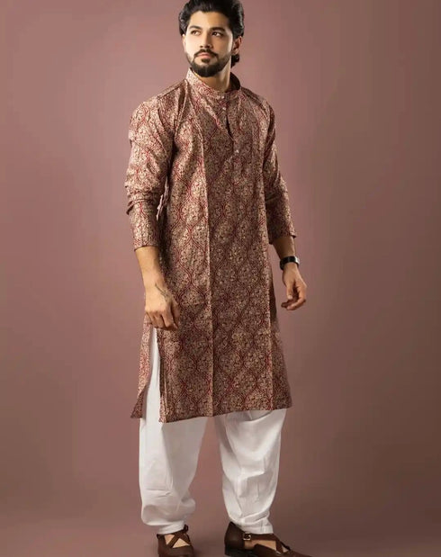 Red Modal Silk Mens Kurta With Payjama - Close-up View | Samyak Fashion