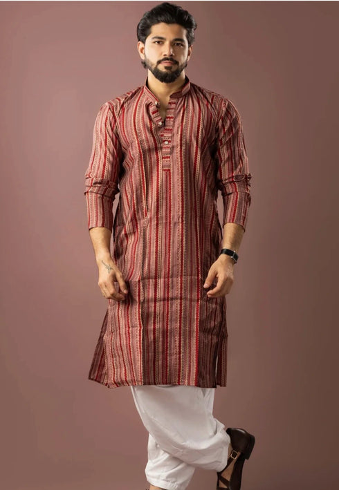 Red Modal Silk Mens Kurta With Payjama - Front View | Samyak Fashion