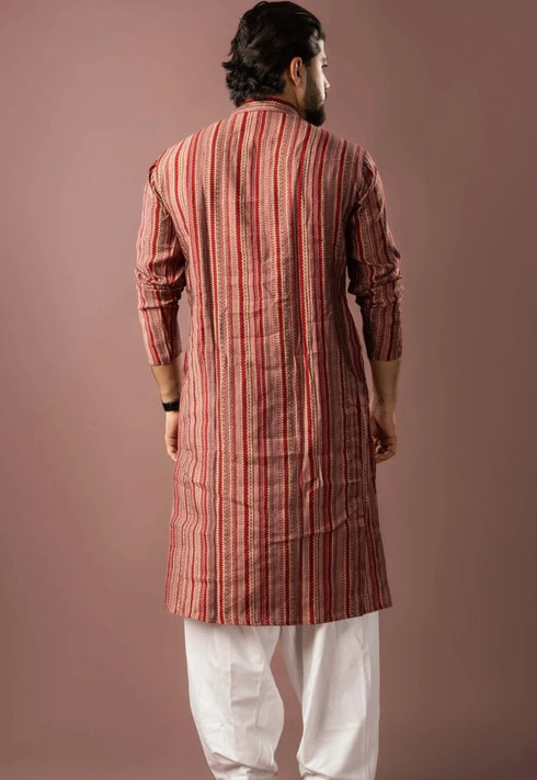 Red Modal Silk Mens Kurta With Payjama - Back View | Samyak Fashion