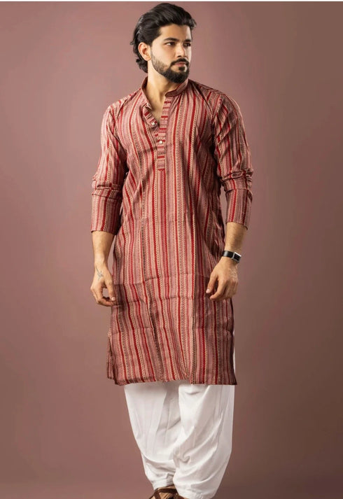 Red Modal Silk Mens Kurta With Payjama - Detail View | Samyak Fashion