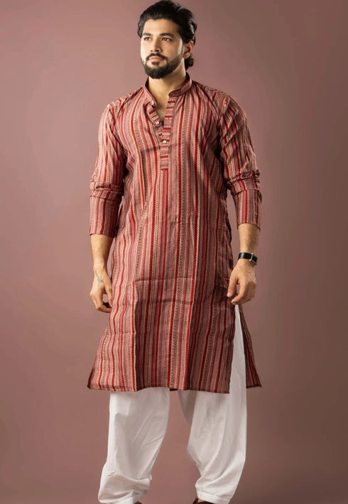 Red Modal Silk Mens Kurta With Payjama - Close-up View | Samyak Fashion