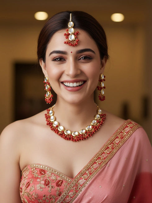 Red Necklace Set - Front View | Samyak Fashion