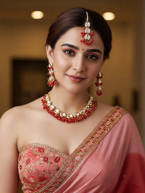 Red Necklace Set - Back View | Samyak Fashion