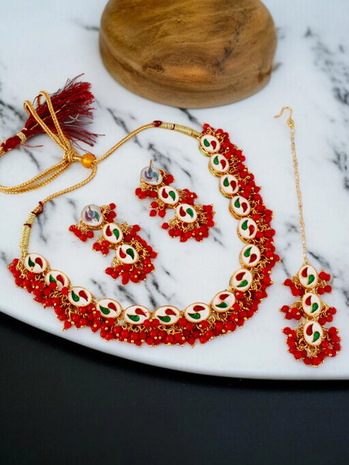 Red Necklace Set - Detail View | Samyak Fashion