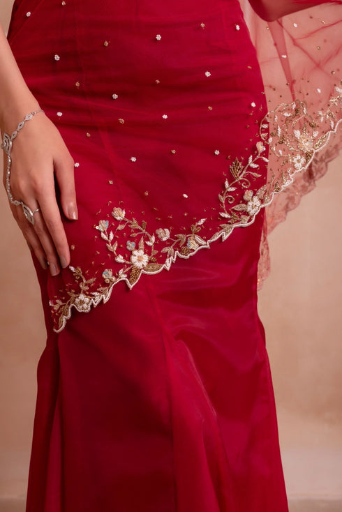 Red Organza Arty Lehenga Choli - Close-up View | Samyak Fashion