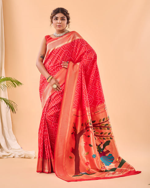 Red Pure Silk Party Wear Saree With Blouse - Front View | Samyak Fashion