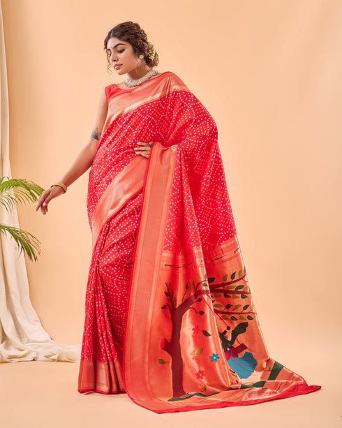 Red Pure Silk Party Wear Saree With Blouse - Back View | Samyak Fashion