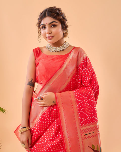 Red Pure Silk Party Wear Saree With Blouse - Side View | Samyak Fashion