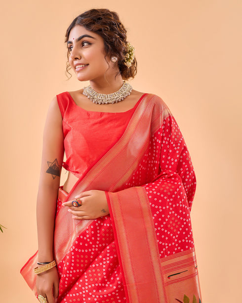 Red Pure Silk Party Wear Saree With Blouse - Detail View | Samyak Fashion