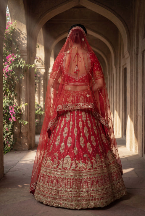 Red Silk Lehenga Choli - Back View | Samyak Fashion